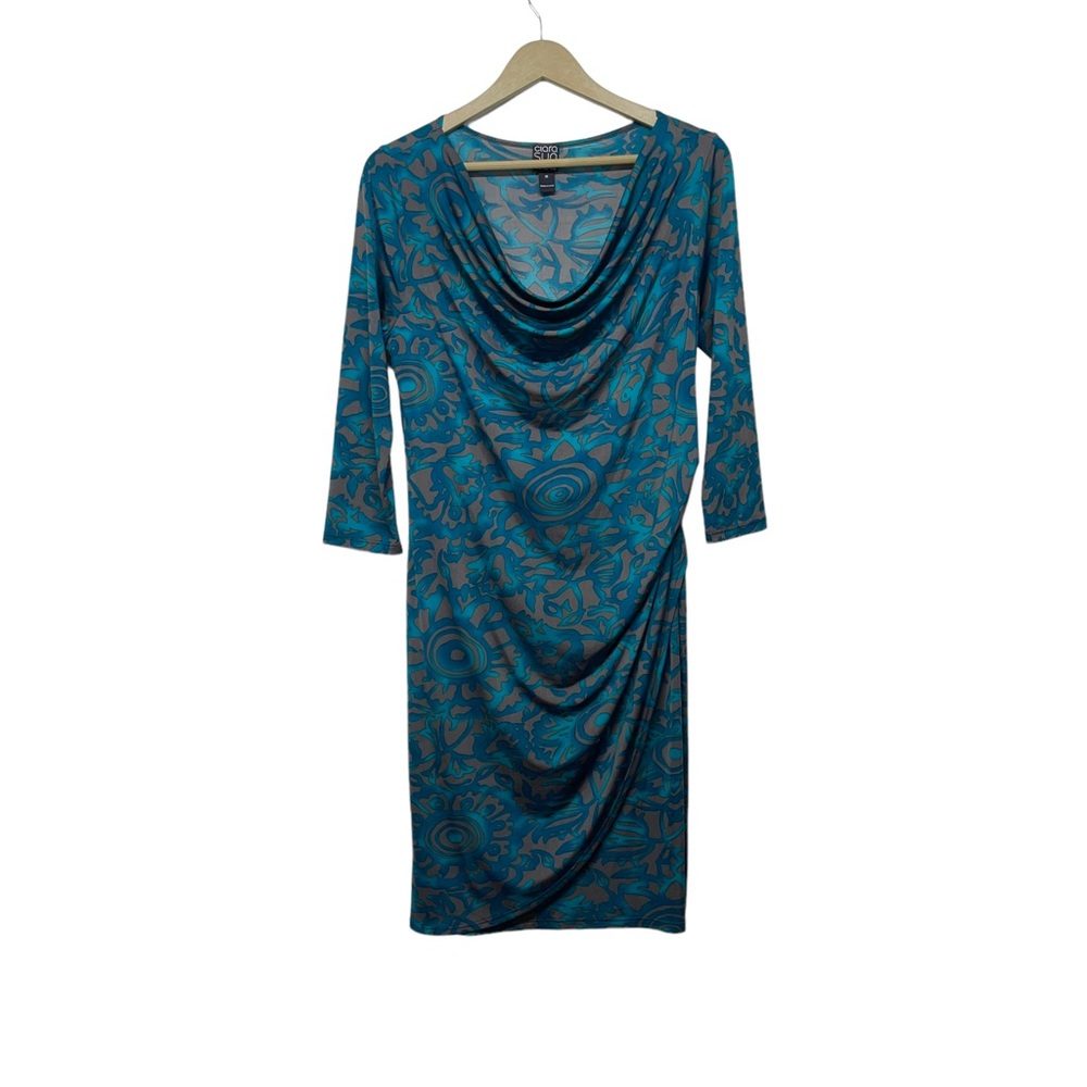 Clara Sun Woo Teal and Navy Patterned Cowl Neck Mini Dress